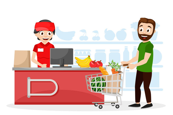 Kassiererin an der Supermarktkasse und Einkäuferin mit Einkaufswagen mit Produkten auf weißem Hintergrund - Vektor, Bild
