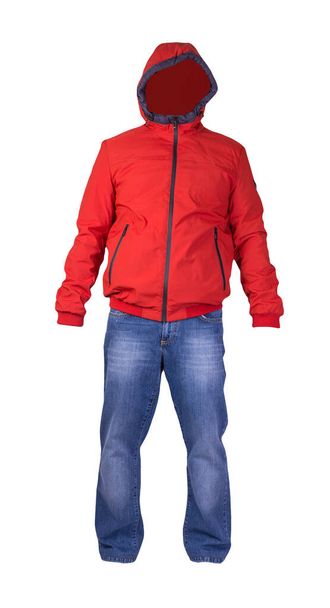 red men's jacket with a zipper and blue jeans isolated on white background.casual clothes - Foto, Imagen