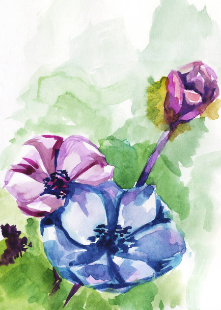 Watercolor wildflowers, hand-drawn, flower illustration, green bushes .Cute composition for a postcard - Fotó, kép