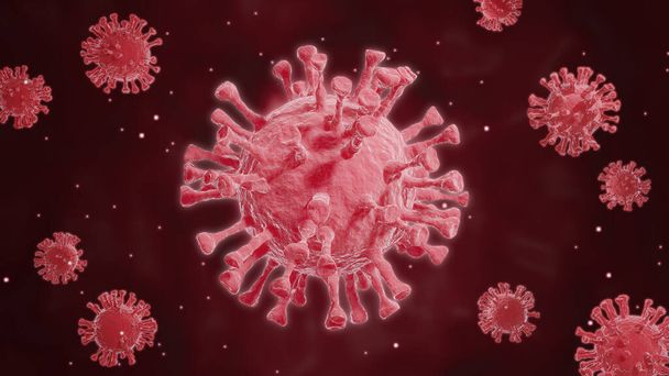 Koronawirus, zakażenie COVID-19 we krwi pod mikroskopem. Latanie lub ruch wirusa Corona, wirusa grypy na czerwonym tle. Mikroby bakterie Komórki bakterii na 3d renderowania, Animacja, Ilustracja - Zdjęcie, obraz
