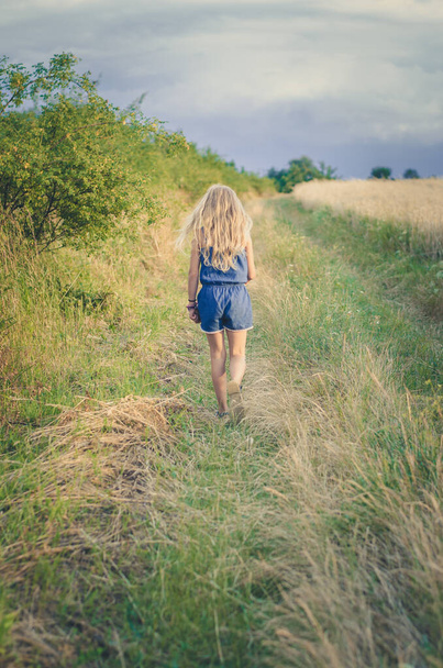 one small girl with long blond hair walking alone among fields back view - Foto, imagen