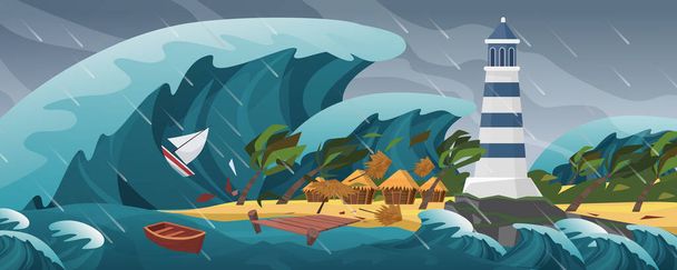 Tsunami flat cartoon seascape panoramic landscape vector illustration background. Panorama of Horrific natural disaster, giant wave, covers serene little island with lighthouse, palm huts and yachts. - Vecteur, image