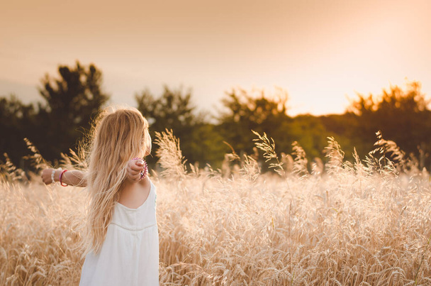 αξιολάτρευτο μικρό παιδί με μακριά ξανθά μαλλιά πίσω θέα χαλαρωτικό δωρεάν στην ηλιόλουστη μέρα στη φύση - Φωτογραφία, εικόνα