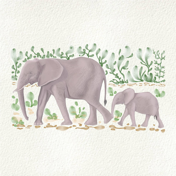 Vektorové ilustrace slonů: maminka a syn mezi zelenými listy v akvarelovém stylu na světlém pozadí - Vektor, obrázek