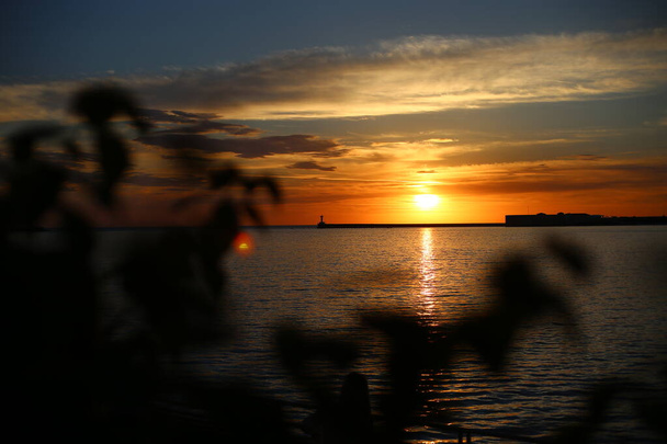 Φωτεινό όμορφο ηλιοβασίλεμα στη θάλασσα Αυτιά του χόρτου και της σίκαλης, σκούρο προσκήνιο, φωτεινό πολύχρωμο αυγή. - Φωτογραφία, εικόνα