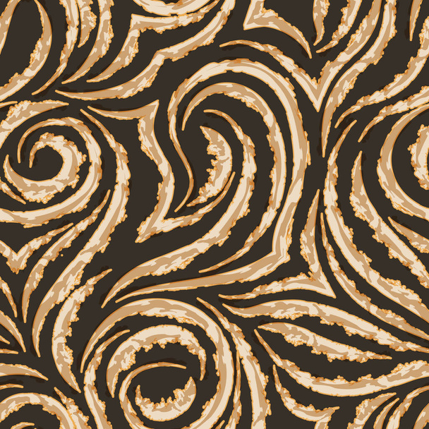 Seamless vector pattern on a brown background from flowing and broken lines. Print for fabrics or packaging. Texture swirl or waves with foam of beige and orange shades. - Vektor, obrázek