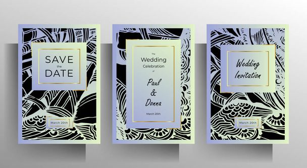 Conjunto de tarjetas de invitación de boda diseño. Concepto elegante con elementos texturales dibujados a mano. Vector 10 EPS
. - Vector, Imagen