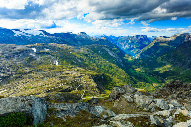 Tourism vacation and travel. Fantastic view on Geirangerfjord and mountains landscape from Dalsnibba viewpoint, Geiranger Skywalk platform, Norway. - Φωτογραφία, εικόνα