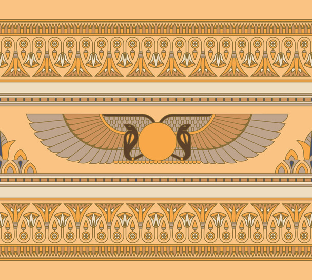 Symbols of ancient Egypt winged sun with lotos seamless horizontal pattern for Egyptian motives - Διάνυσμα, εικόνα