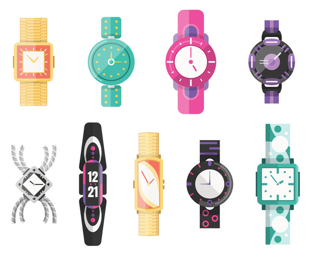 Classic men and women watches, set of vector icons. Watch for businessman, smartwatch and fashion clocks collection. Flat style vector illustration with bracelet - Vector, Image