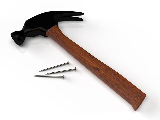 Hammer and nails on white surface. 3D rendering.	 - Foto, Imagen