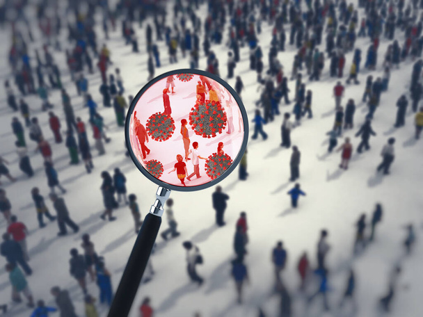Поиск вируса среди людей с увеличительным стеклом. 3D рендеринг
 - Фото, изображение