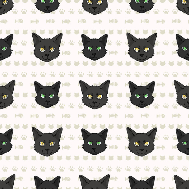 Lindo dibujo animado Bombay gato y gatito cara patrón de vector sin costuras. Pedigrí gatito crianza doméstico gato fondo. Gato amante negro asiático pura raza en todo impresión. Felino EPS 10
.  - Vector, Imagen
