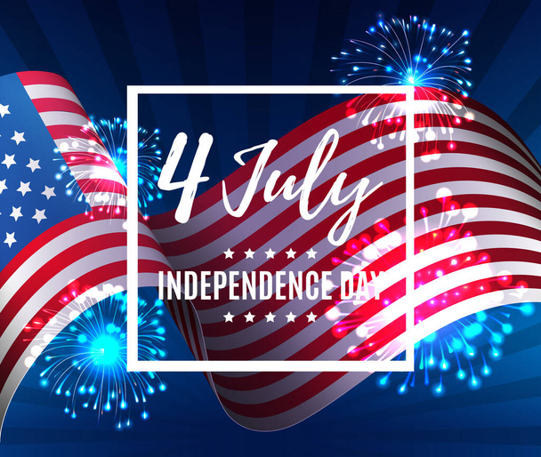 Dzień Niepodległości 4 lipca. Szczęśliwego Dnia Niepodległości USA z fajerwerkami i flagą, 4 lipca. Ilustracja wektora. EPS 10 - Wektor, obraz