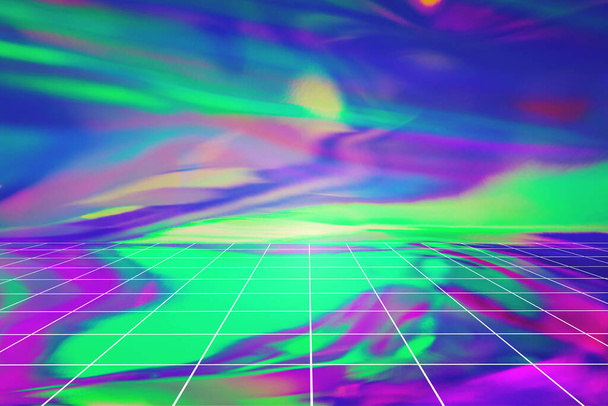 Zamazane tło w kolorach fioletowym, różowym i miętowym z siatką perspektywiczną. Abstrakcyjne holograficzne tło w stylu lat 80. Retro futuryzm, webpunk. Surrealistyczna scena cyberprzestrzeni z przestrzenią do kopiowania. 3D - Zdjęcie, obraz