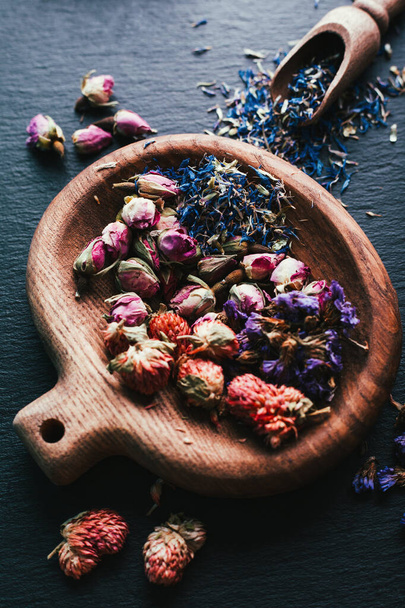 Harvesting medicinal herbs, dried flowers, herbal tea - Photo, Image