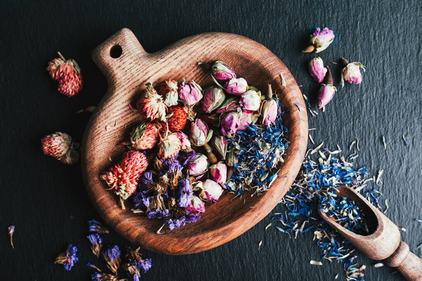 Harvesting medicinal herbs, dried flowers, herbal tea - Photo, Image