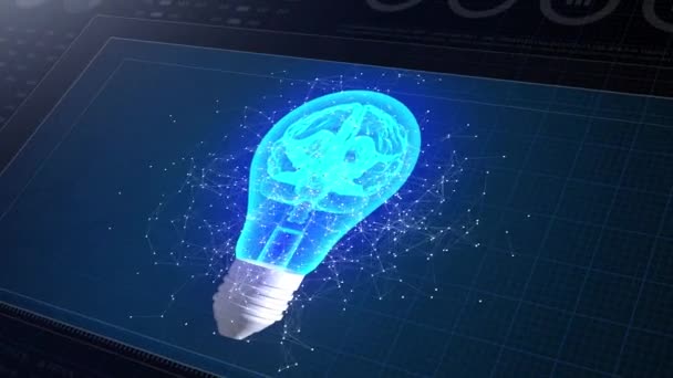 HUD Display Monitor 3D. Kreatives Ideenkonzept. Gehirn in Glühbirnen-Animation 3D. Symbol für innovative Lösungen. 4k. - Filmmaterial, Video