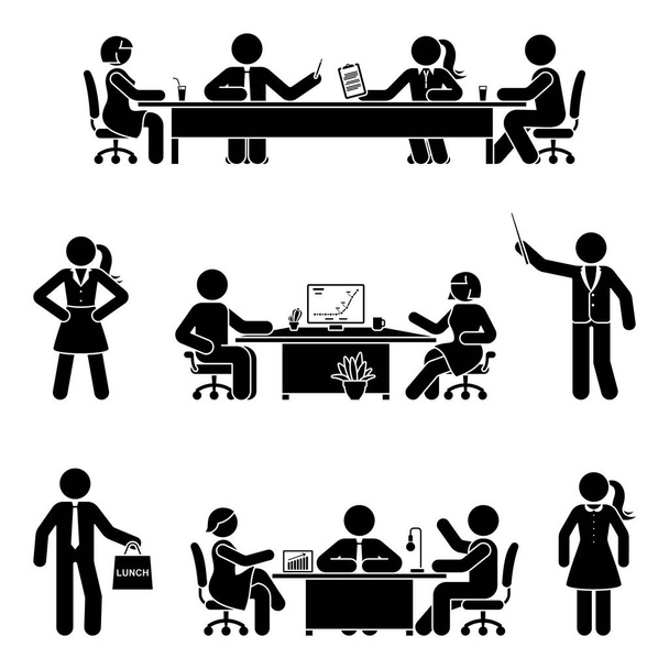 Stick figura homem de escritório e mulher no conjunto vetor reunião de negócios. Grupo de funcionários da equipe conversando, negociando, discutindo, trabalhando, sentado na mesa, usando o computador no branco
 - Vetor, Imagem
