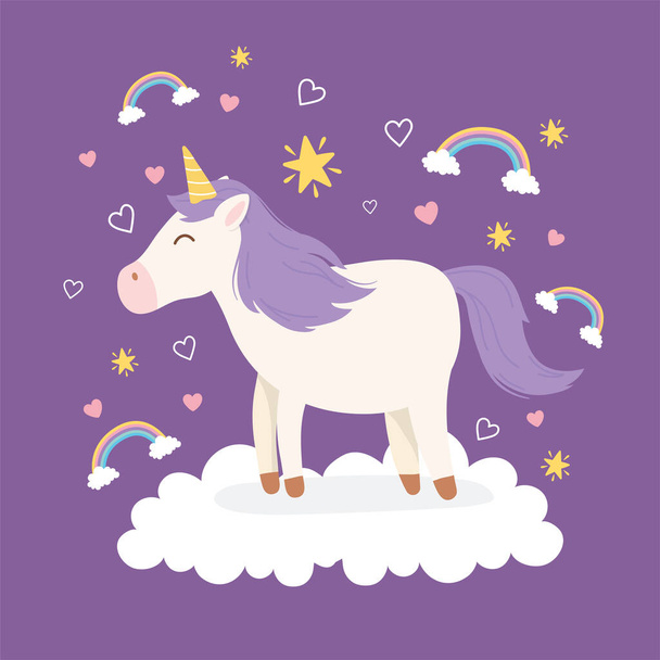 unikornis lila haj a felhő szivárvány dekoráció mágikus fantasy rajzfilm aranyos állat - Vektor, kép