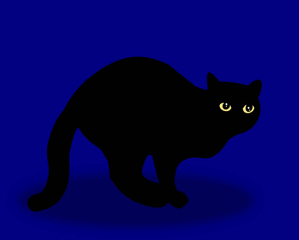 Gato negro misterioso, con ojos amarillos, sobre un fondo azul
. - Foto, Imagen
