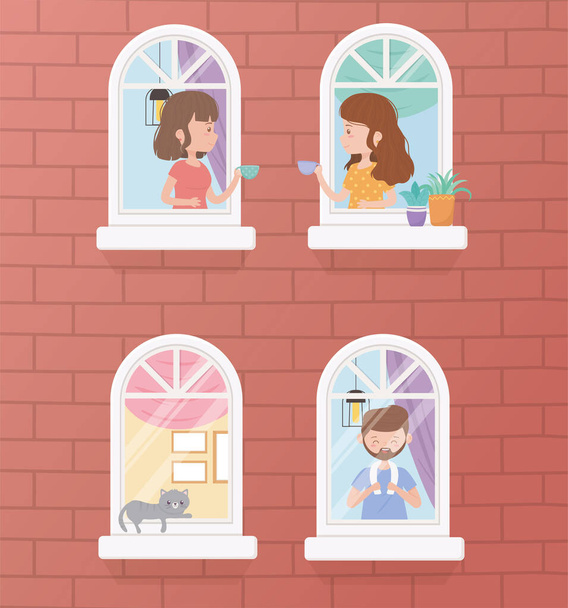 остаться дома карантин, здание с окнами, различные люди в их квартире
 - Вектор,изображение