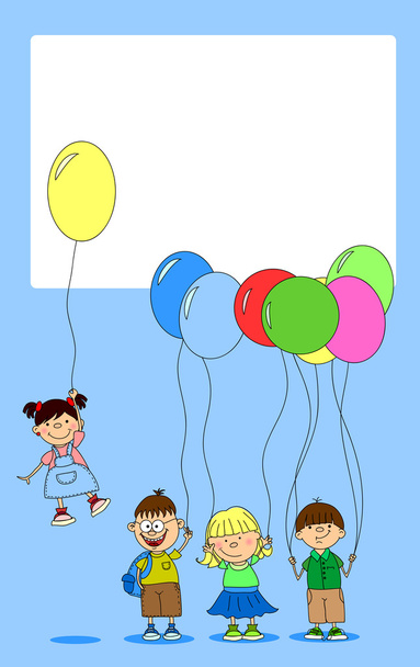 Children hold balloons, greeting card - Vector, Image