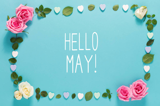 Hello May message with roses and leaves - Фото, изображение