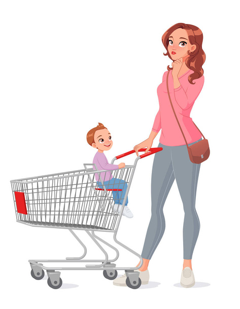Thinking mother with son sitting in shopping cart. Isolated vector illustration. - Vector, Image