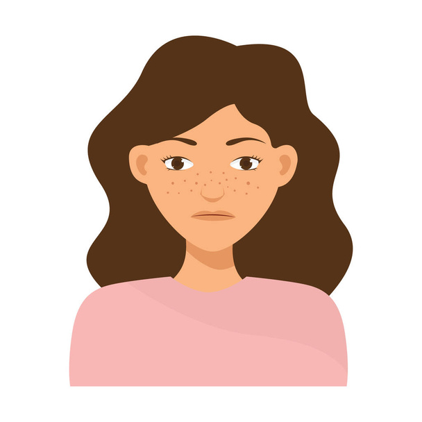 Vrouw gezicht huidproblemen die moet worden verzorgd. Vrouw met vlekkerige huid met diepe poriën en mee-eters. vectorillustratie. - Foto, afbeelding