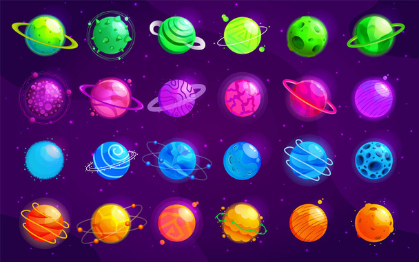 Vector set of cartoon planets. Colorful set of isolated objects. Space background. Colorful universe. Game design. Fantasy space planets for ui galaxy game. EPS 10. - Vector, Image