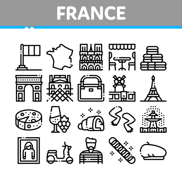 Francie Země Travel Collection ikony Set Vector - Vektor, obrázek