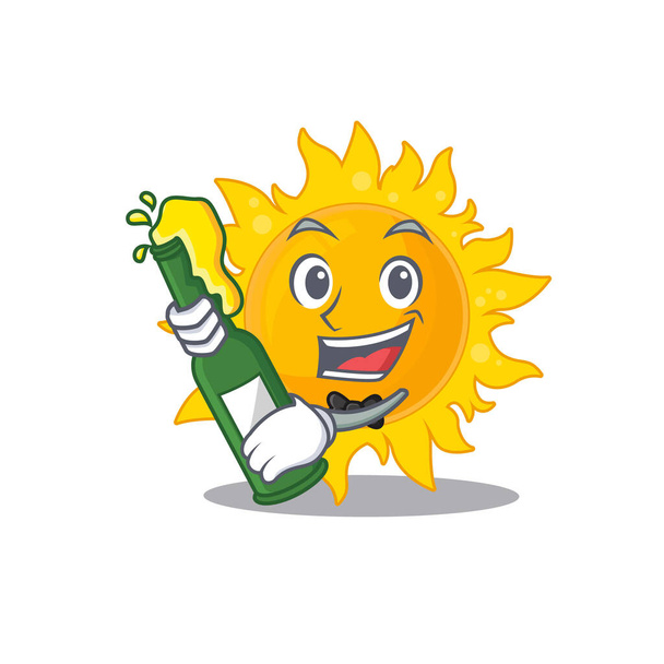 Mascot character design of summer sun say cheers with bottle of beer. Vector illustration - Vetor, Imagem
