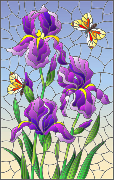 Ілюстрація у вітражному стилі з букетом фіолетових ірисів та жовтими метеликами на синьому фоні
 - Вектор, зображення