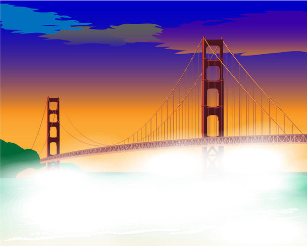Мост на рассвете в тумане. Мост Золотые Ворота изолированная векторная иллюстрация Сан-Франциско Калифорния Соединенные Штаты Америки. Для дизайнерских карт
 - Вектор,изображение