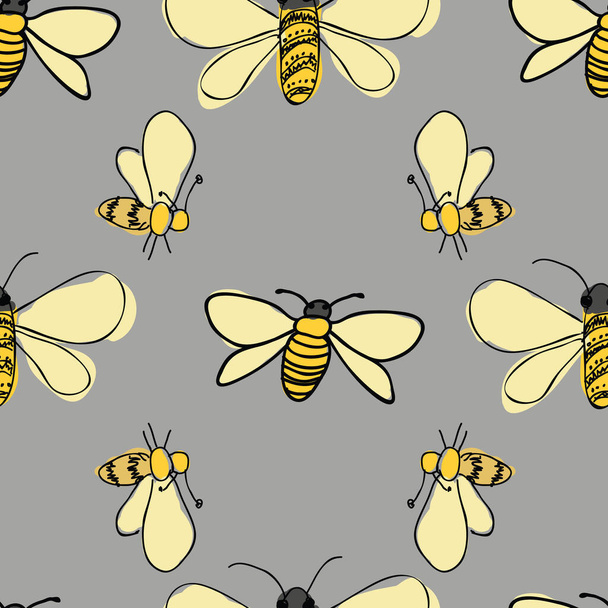 Bees flying around on gray background seamless vector pattern - Vector, Image