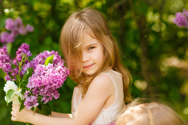 little girl in near a lilac flowers  with bouquet - 写真・画像