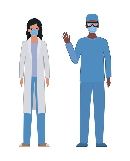 Homme et femme médecin avec des uniformes et des masques design vectoriel
 - Vecteur, image