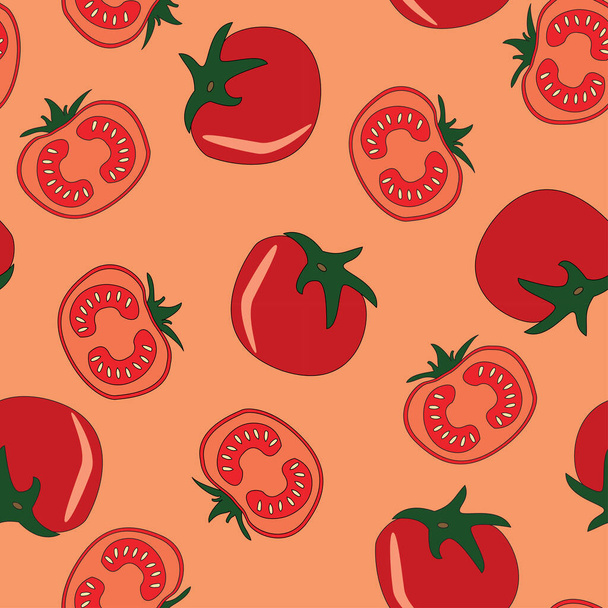 red tomato seamless pattern on red background. slice halves, and cherry tomatoes. background for textiles, banner, wrapping paper, print, quilt and other product. - Vettoriali, immagini