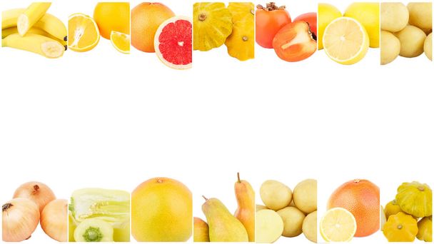 Lines from different yellow vegetables and fruits, isolated on white - Photo, Image