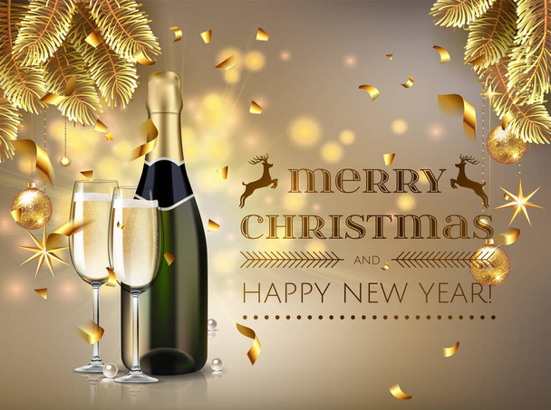 Joyeux Noël et bonne année bouteille de champagne et verres illustration vectorielle de stock dans un style réaliste. Carte de voeux ou élégante invitation de fête avec arbre de Noël doré, confettis
 - Vecteur, image