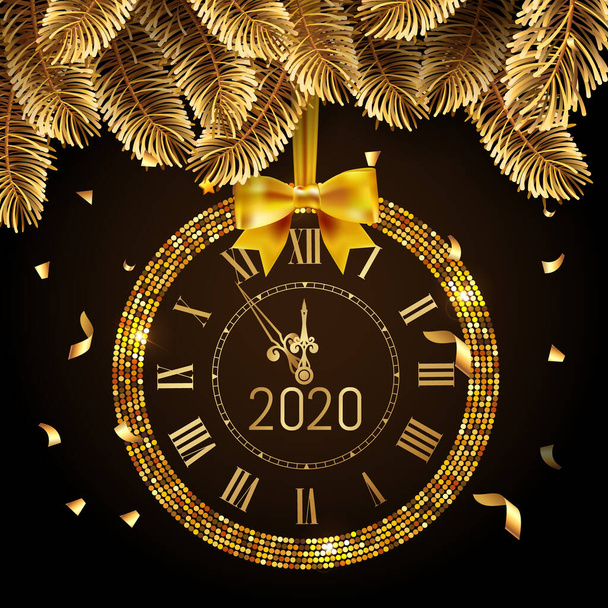 Vector 2020 shiny New Year Golden Clock або дивитися на чорний фон з гілкою золотих ялинок і стрічкою з конфетті. Вінтажний розкішний золотий годинник опівночі Нового року. Приклад вектора  - Вектор, зображення