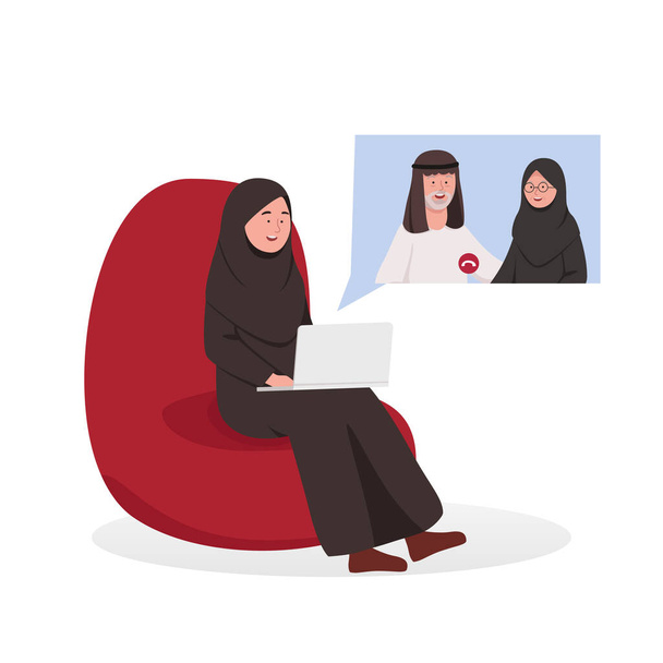 Arabian Woman Video Calling Szülők a kanapén Maradj otthon karantén Illusztráció - Vektor, kép