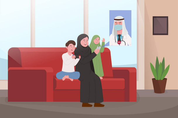 Αραβική οικογένεια σε καραντίνα βίντεο καλώντας με τον πατέρα κατά τη διάρκεια της εργασίας ως γιατρός, μείνετε στο σπίτι εικονογράφηση - Διάνυσμα, εικόνα