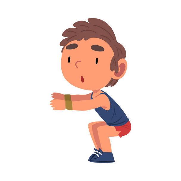 Мальчик делает приседания упражнения, школьник ежедневной рутинной деятельности Мультфильм вектор иллюстрация
 - Вектор,изображение