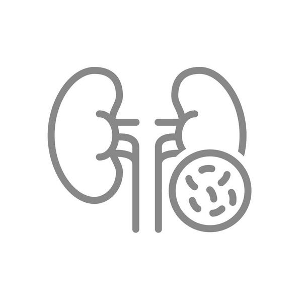 Reni con batterio linea icona. Organo interno malato, pielonefrite, simbolo di infezione batterica delle vie urinarie
 - Vettoriali, immagini