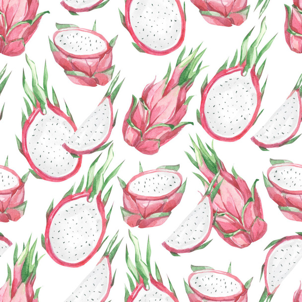 Watercolor summer exotic fruit pattern Dragon fruit, summer tropical print for the textile fabric und wallpaper. - Φωτογραφία, εικόνα
