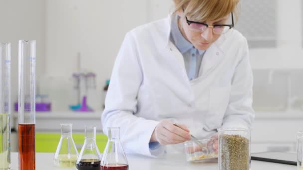 Vrouwelijke chemische wetenschapper inspecteert hennepterpenen kristal in laboratorium. Ze gebruikt een pincet en kijkt naar glas. Er zijn CBD en CBDa oliën op tafel en marihuana zaden. Geneesmiddelenconcept voor de gezondheidszorg. - Video