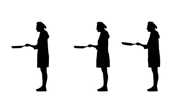 Τρεις μαύρες σιλουέτες του σεφ θηλυκό σε ομοιόμορφη ψήσιμο τηγανίτες. - Φωτογραφία, εικόνα
