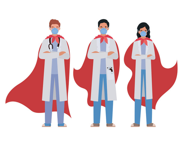 žena a muži lékaři hrdinové s pláštěmi proti 2019 ncov virus vektor design - Vektor, obrázek